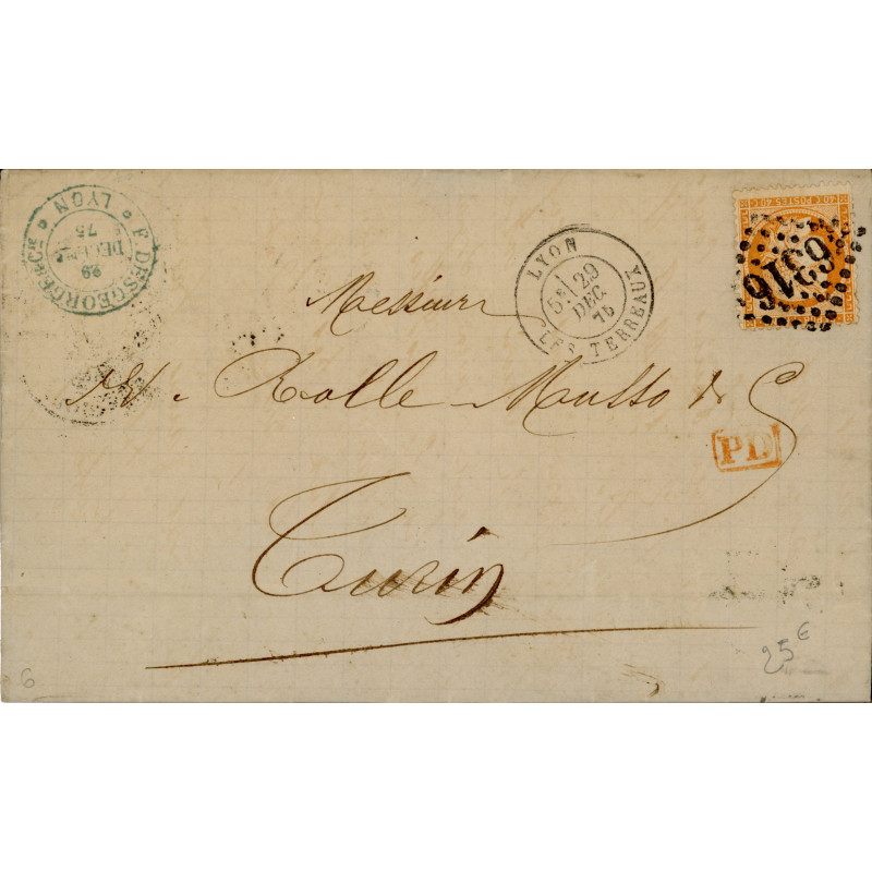 38 Oblitéré GC 6316 du 29/12/1875 - Depart Lyon (68) -   - Cote 88 Euros