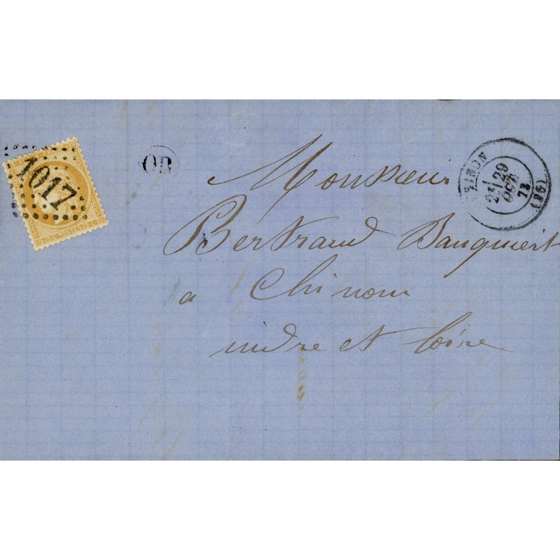59 Oblitéré GC 1017 du 29/10/1873 - Depart Chinon (36) -  OR  dans un cercle - Cote 43 Euros