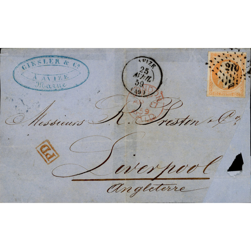 16 Oblitéré PC 210 du 25/04/1859 - Depart Avize -   - Cote 105 Euros