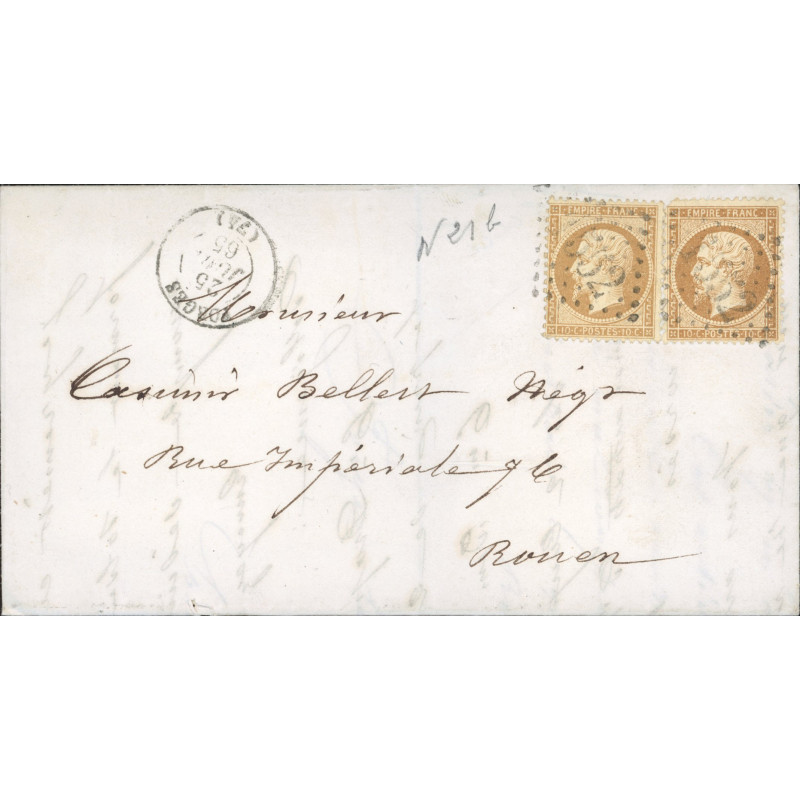 21 Oblitéré GC 1552 du 25/06/1865 - Depart Forges - 2 Timbres - Cote 45 Euros