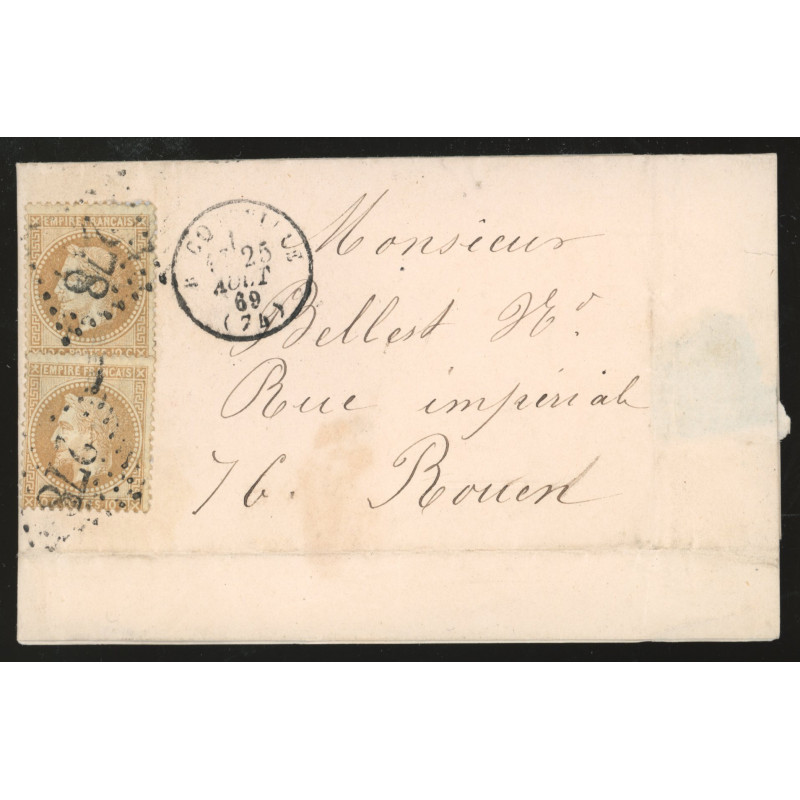28 Oblitéré GC 278 du 25/08/1869 - Depart Bacqueville - 2 Timbres - Cote 135 Euros