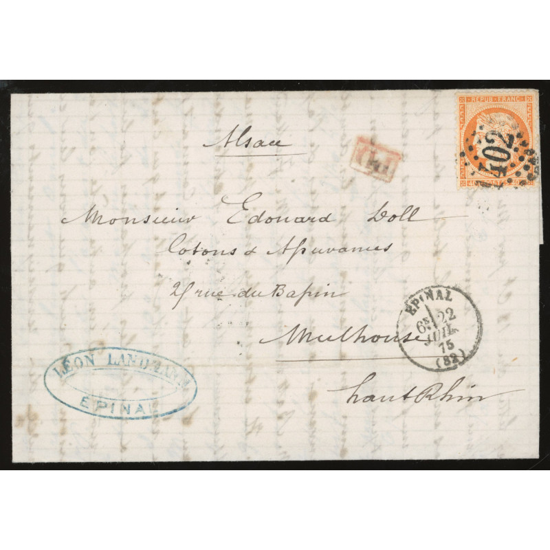 38 Oblitéré GC 1402 du 22/06/1875 - Depart Epinal (82) -   - Cote 58 Euros