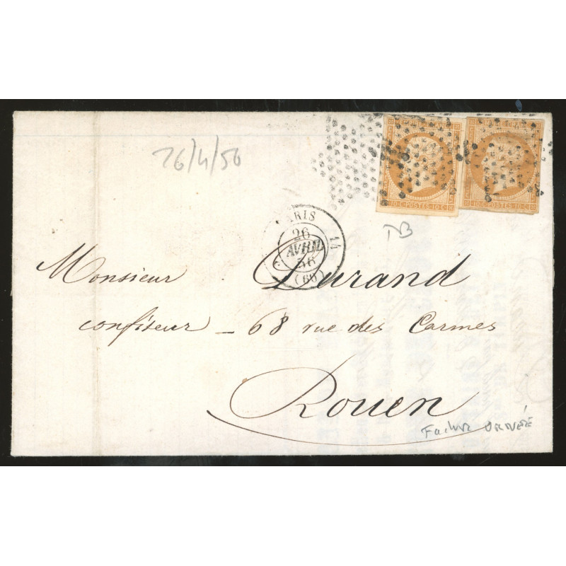 13 Oblitéré Etoile du 26/04/1856 - Depart Paris (60) - 2 Timbres - Cote 50 Euros