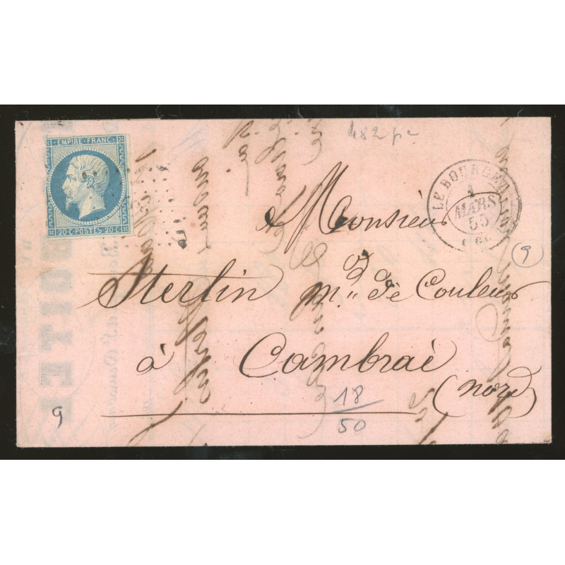 14 Oblitéré Pc 482 du 01/03/1855 - Depart Le Bourget - Cote 43 Euros