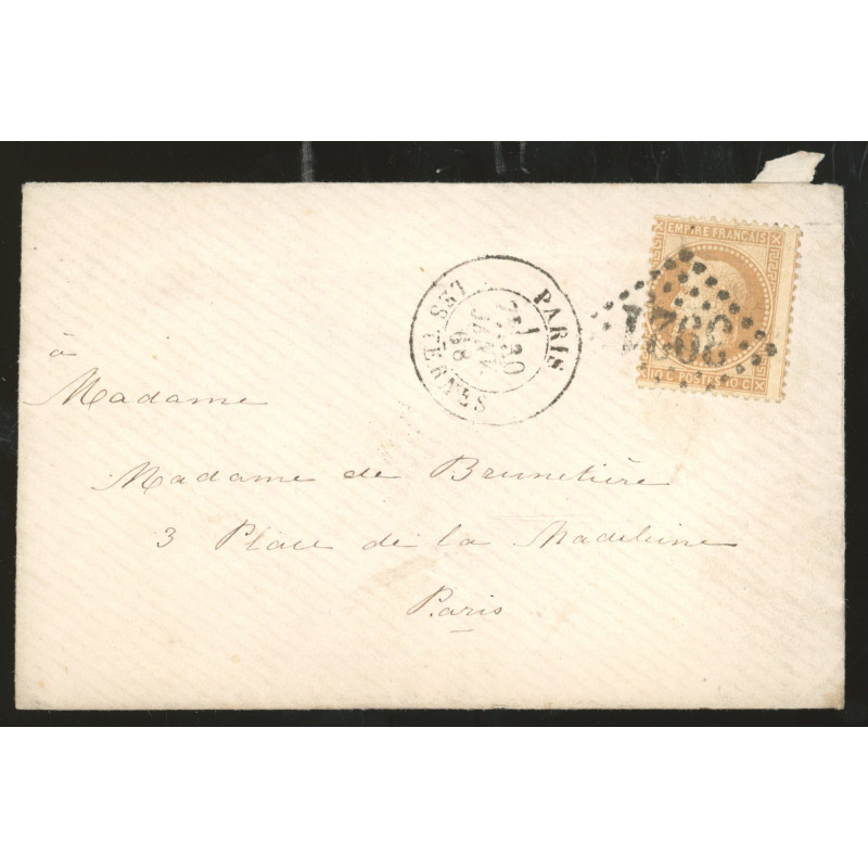 28A Oblitéré GC 3921 du 30/01/1868 - Depart Paris - Les Ternes - Piquage decalé - Cote 41 Euros