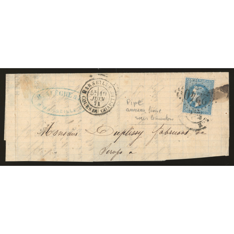 29B Oblitéré GC 2240 du 10/06/1871 - Depart Marseille (12) - Variété Anneau Lune sous le menton - Cote 48 Euros