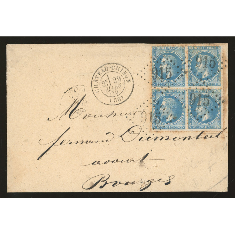 29B Oblitéré GC 915 du 29/03/1870 - Depart Château Chinon - Bloc de 4 - Cote 43 Euros