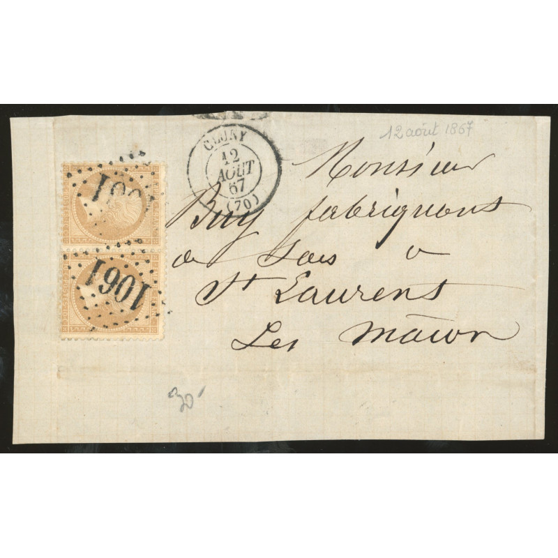 21 Oblitéré GC 1061 du 12/08/1867 - Depart Cluny (70) - Paire - Cote 45 Euros