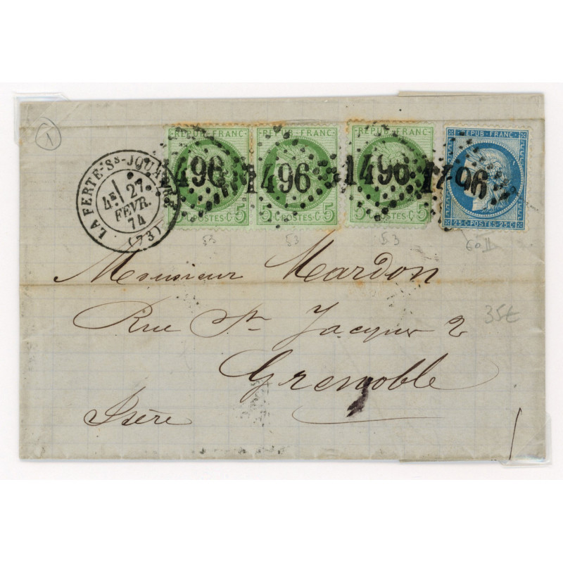 53 & 60B Oblitéré GC 1496 du 27/02/1874 - Depart La ferté sous Jouarre (73) - Paire du 53 - Cote 43 Euros