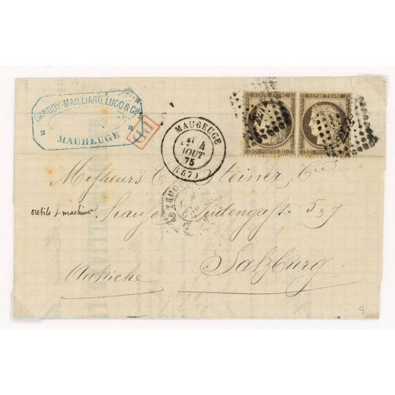 56 Oblitéré PC 2272 du 04/08/1875 - Depart Maubeuge (57) -   - Paire - Cote 88 Euros