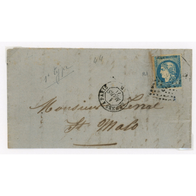 44A Oblitéré Lettre Lozange du 01/03/1871 - Depart Rennes (34) - Cote 1300 Euros