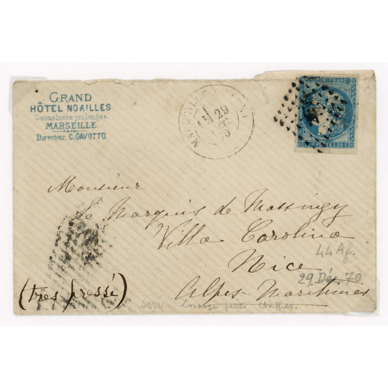 44A Oblitéré Petit Chiffre du 29/12/1870 - Depart Marseille (12) - Cote 1300 Euros