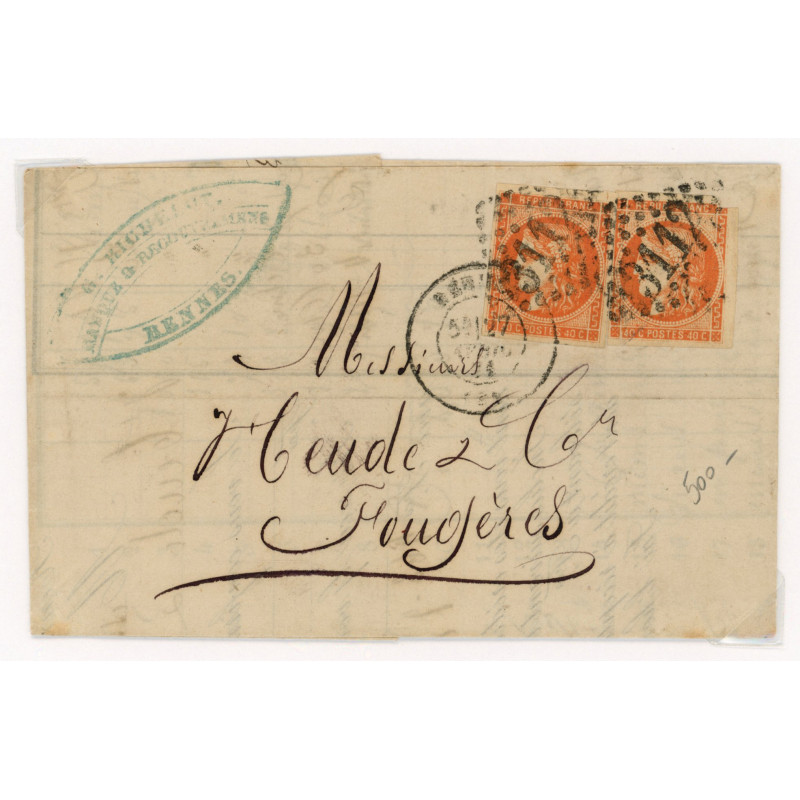 48 Oblitéré GC 3112 du 27/09/1871 - Depart Rennes (34) - 2 Timbres - Cote 503 Euros