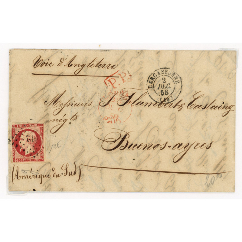 17B Oblitéré Pc 612 du 02/12/1858 - Depart Carcassonne (10) -  P.P.  rouge dans un rectangle - Cote 323 Euros