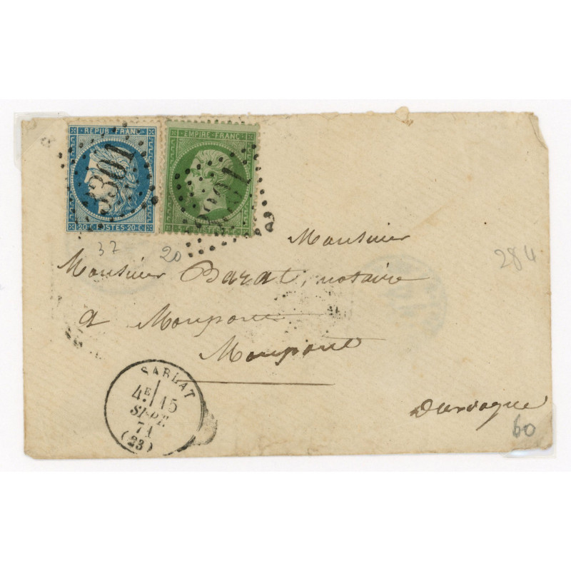 20 & 37 Oblitéré GC 3301 du 15/09/1871 - Depart Sarlat (23) - Cote 103 Euros