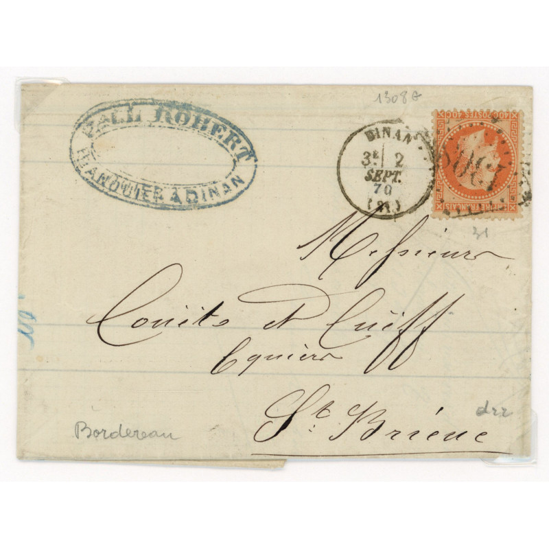 31 Oblitéré GC 1308 du 02/09/1870 - Depart Dinan (21) - Cote 43 Euros