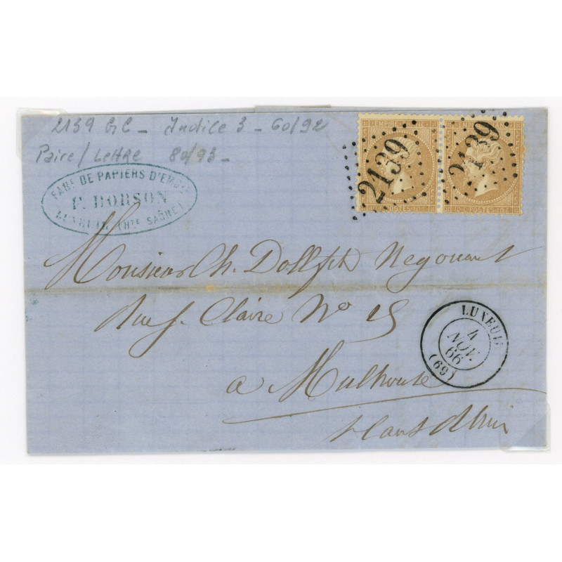 21 Oblitéré GC 2139 du 04/11/1866 - Depart Luxeuil (69) - Paire - Cote 43 Euros
