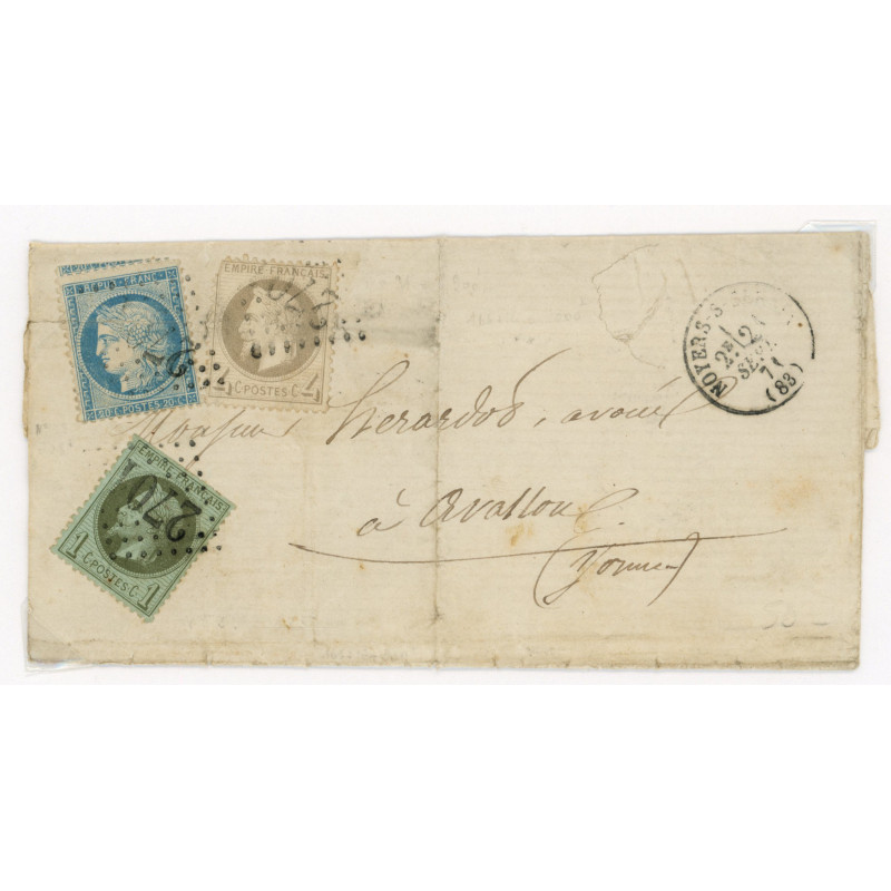 37 25 27 Oblitéré GC 2701 du 21/09/1870 - Depart Noyers (83) - Cote 55 Euros
