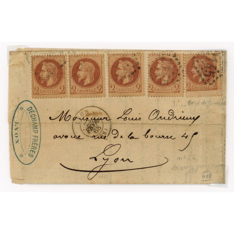 26 Oblitéré GC 2145 du 23/02/1868 - Depart Lyon (68) - 5 Timbres - Cote 453 Euros