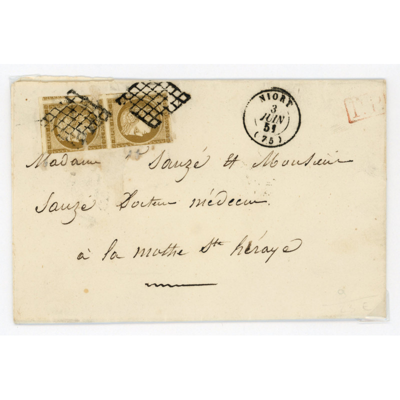 1 Oblitéré Grille du 03/06/1851 - Depart Niort (75) - Paire verticale - Cote 1500 Euros