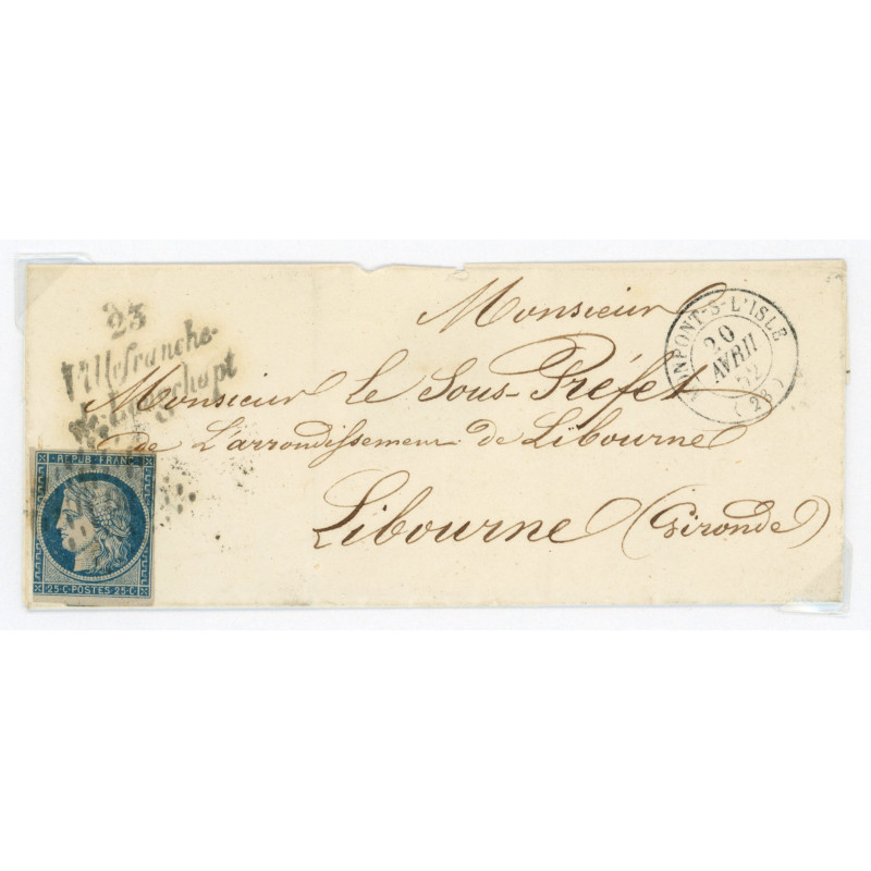 4 Oblitéré PC 2043 du 20/04/1852 - Depart Monpont sur l'Isle (23) - Cote 120 Euros