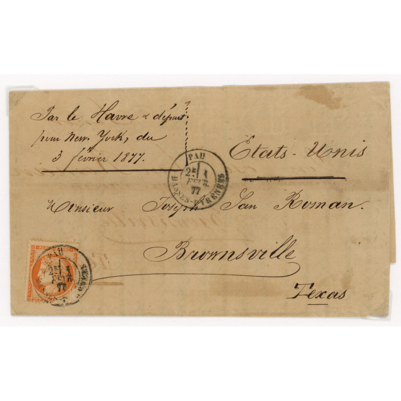 38 Oblitéré Cachet a Date du 01/02/1877 - Depart Pau (64) - Cote 50 Euros