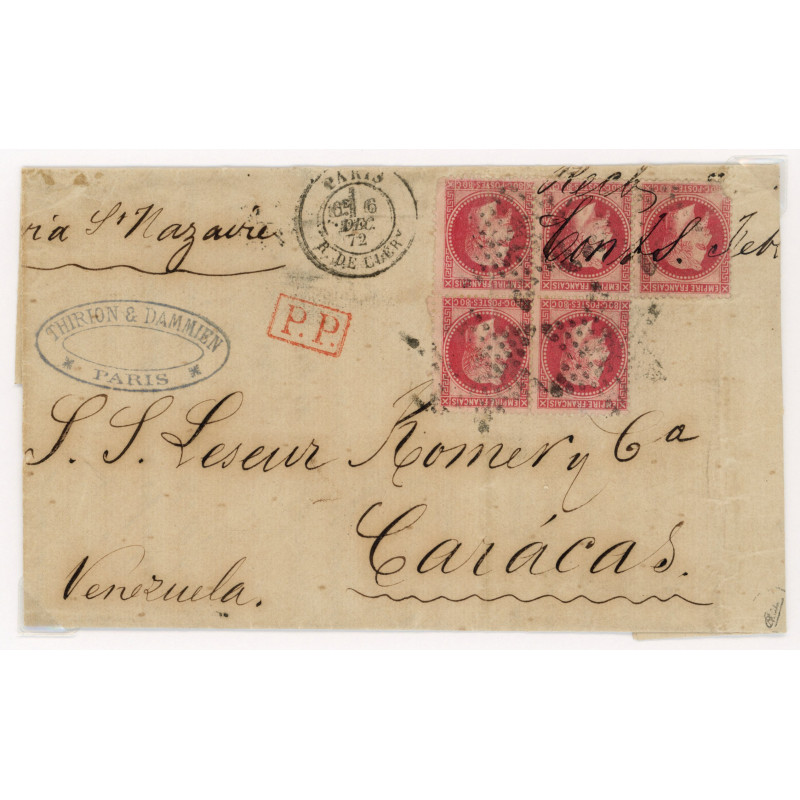 32 Oblitéré Etoile du 06/12/1872 - Depart Paris (60) - Bloc de 5 -  P.P.  rouge dans un rectangle - Cote 170 Euros