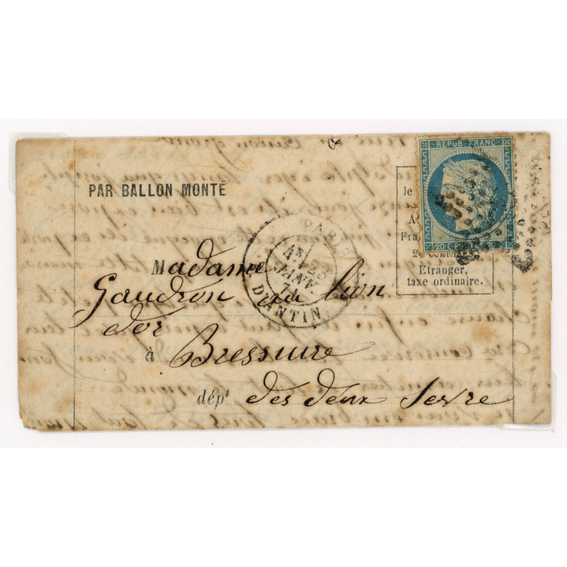 36 Oblitéré Etoile du 23/01/1871 - Depart Paris (60) - Ballon Monté - Cote 300 Euros