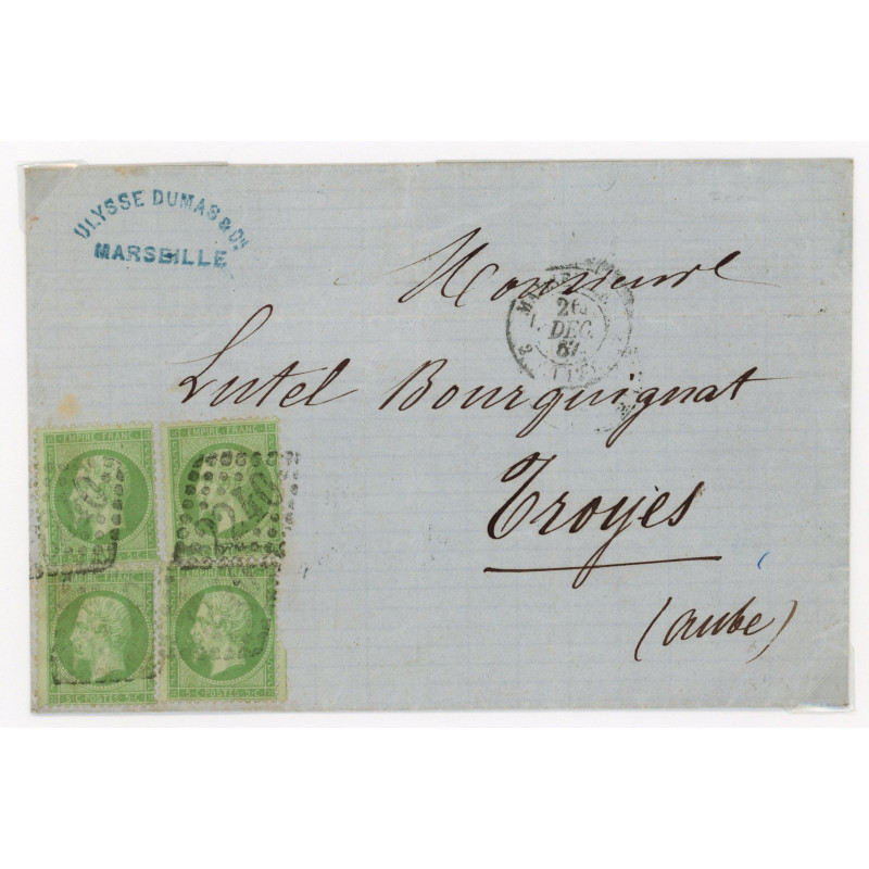 20 Oblitéré GC 2240 du 26/12/1867 - Depart Marseille (12) - 4 Timbres - Cote 353 Euros