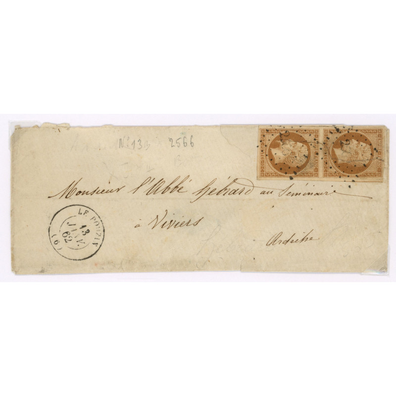 13 Oblitéré PC 2566 du 13/01/1862 - Depart Le Pouzin (6) - Paire verticale - Cote 70 Euros