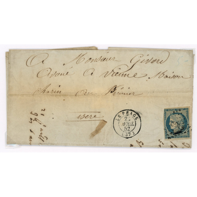 4 Oblitéré PC 2394 du 22/04/1852 - Depart Le Peage (37) - Cote 108 Euros