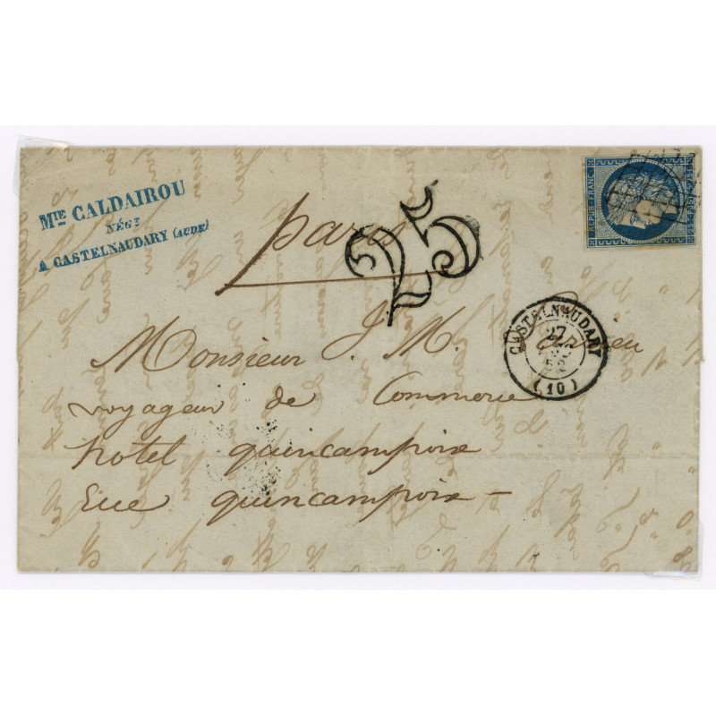 4 Oblitéré Grille du 1852 - Depart Castelnaudary (10) - Taxe 25 - Cote 100 Euros