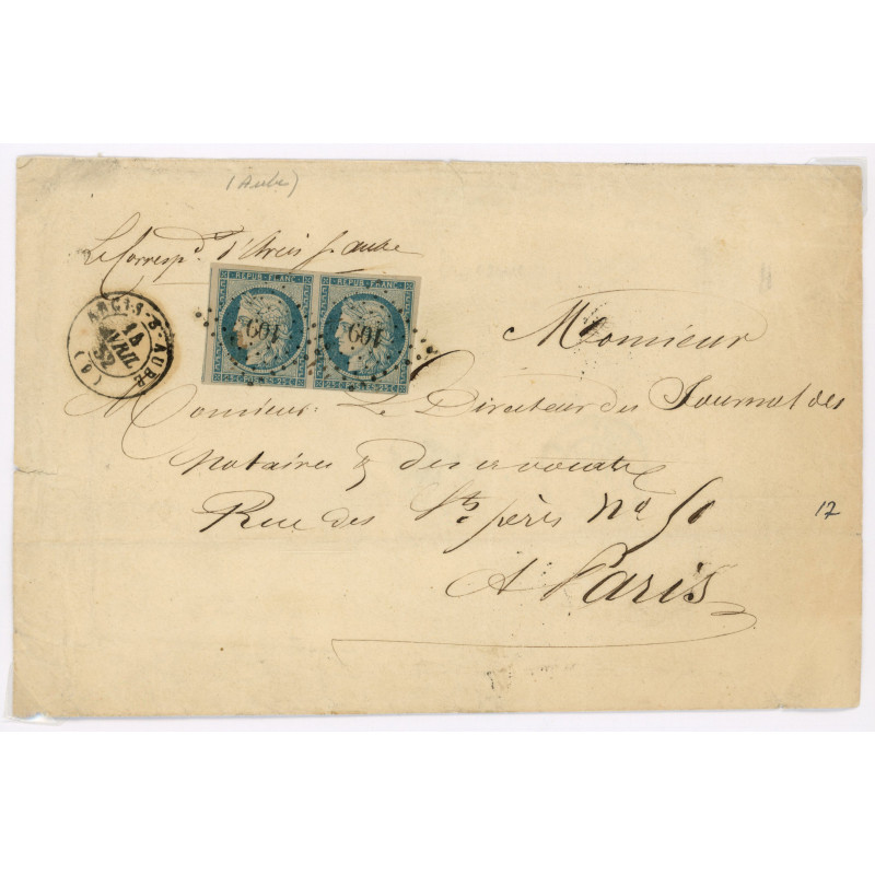 4 Oblitéré PC 109 du 14/04/1852 - Depart Arcis sur Aube (9) - Paire - Cote 110 Euros