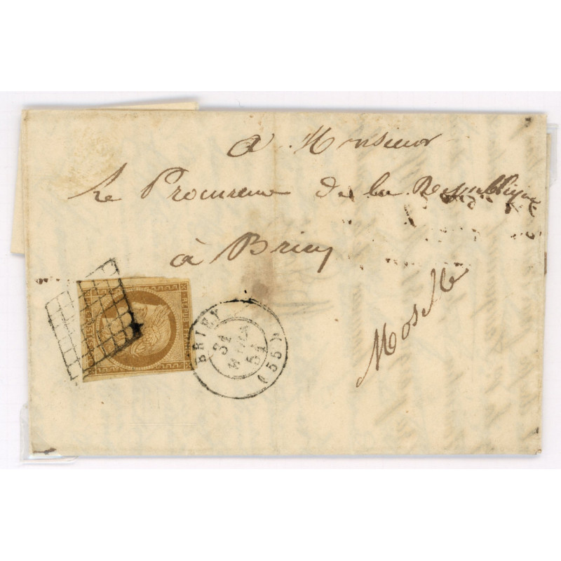 1 Oblitéré Grille  du 1851 - Depart Briey (55) - Cote 775 Euros