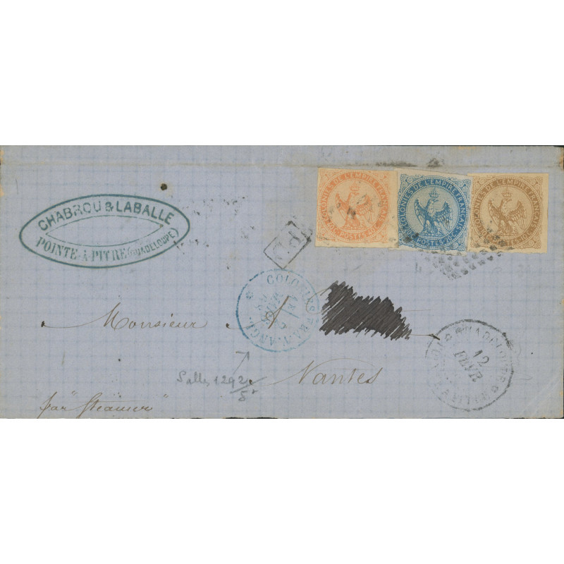 Colonies Oblitéré Gros Points du 12/02/1868 - Depart  - Cachet Bleu et PD dans un Rectangle - Cote 120 Euros