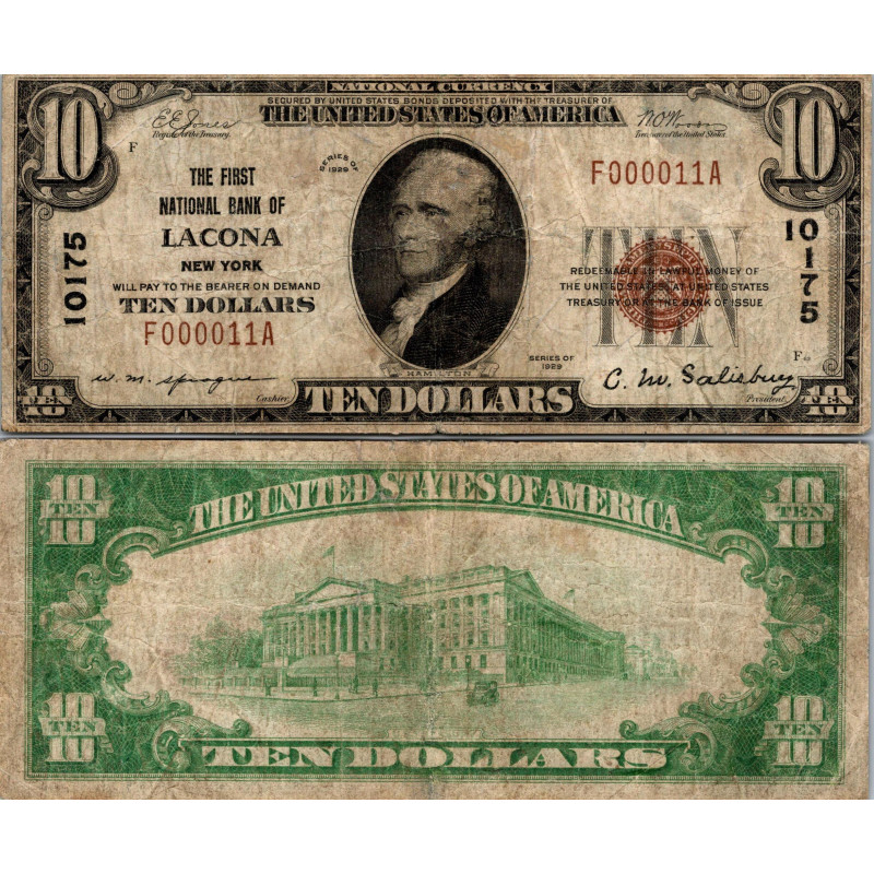 10 Dollars National Bank - LACONA - New York - Serie 1929 - F000011A