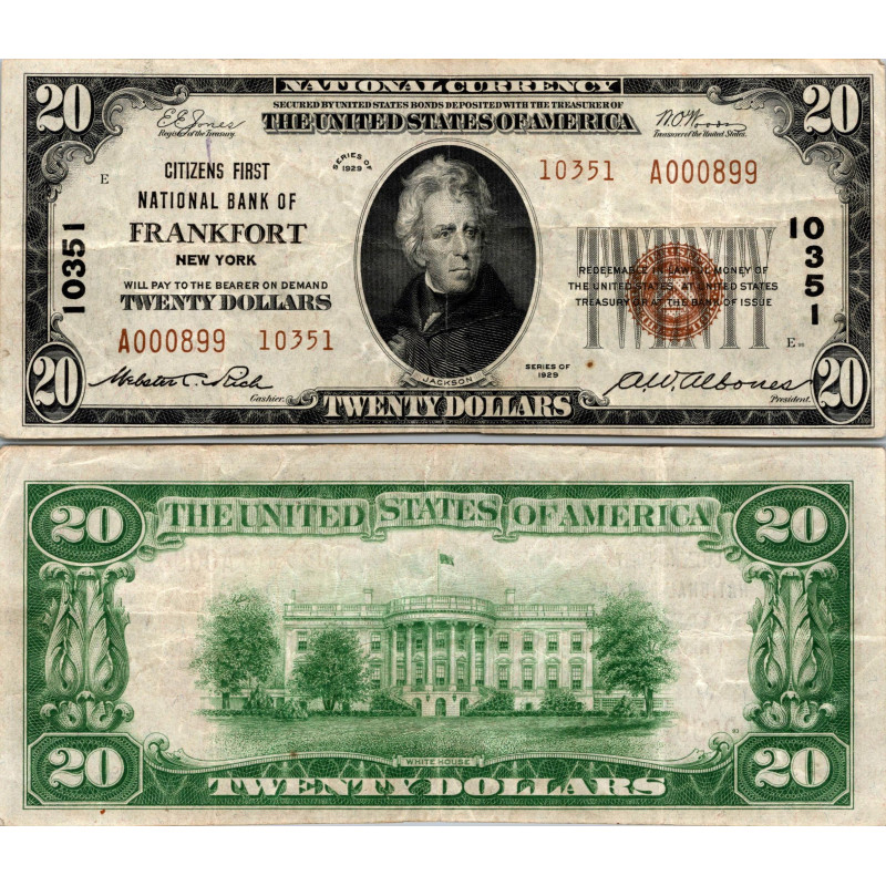 20 Dollars National Bank - FRANKFORT - New York - Serie 1929 - A000899